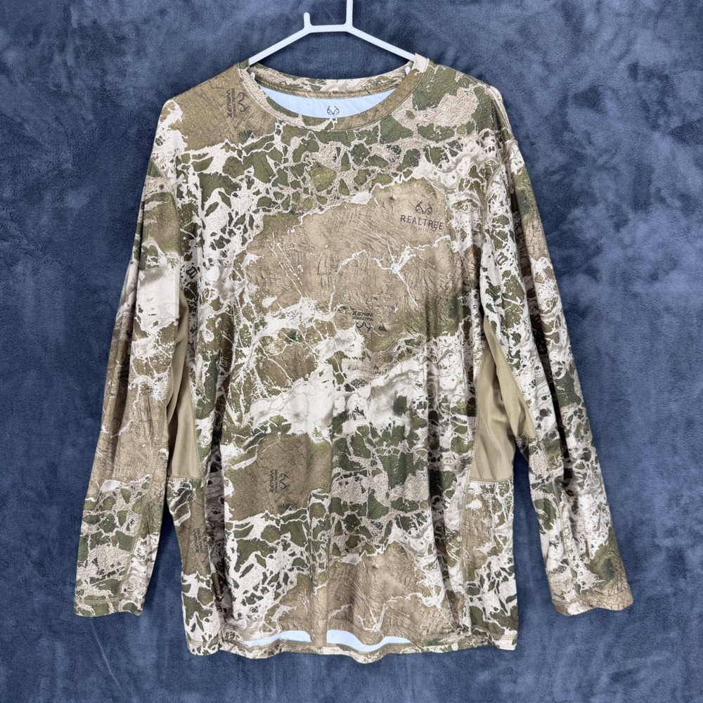 Realtree Fishing Mens 2XL Wave 3X‎ Camo Performance Long Sleeve Shirt Green Tan